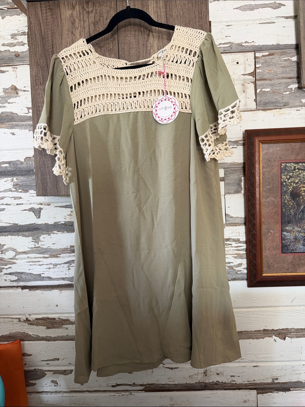 Umgee Olive Midi Dress with Cream Crochet Yoke & Sleeves